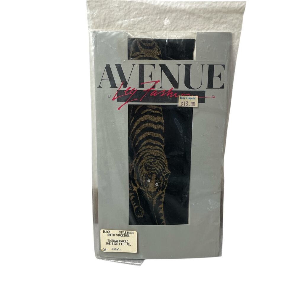 Vtg Avenue by Leg Fashions Tigerwalk Nylons Black Gold Embellished Sheer NOS 80s